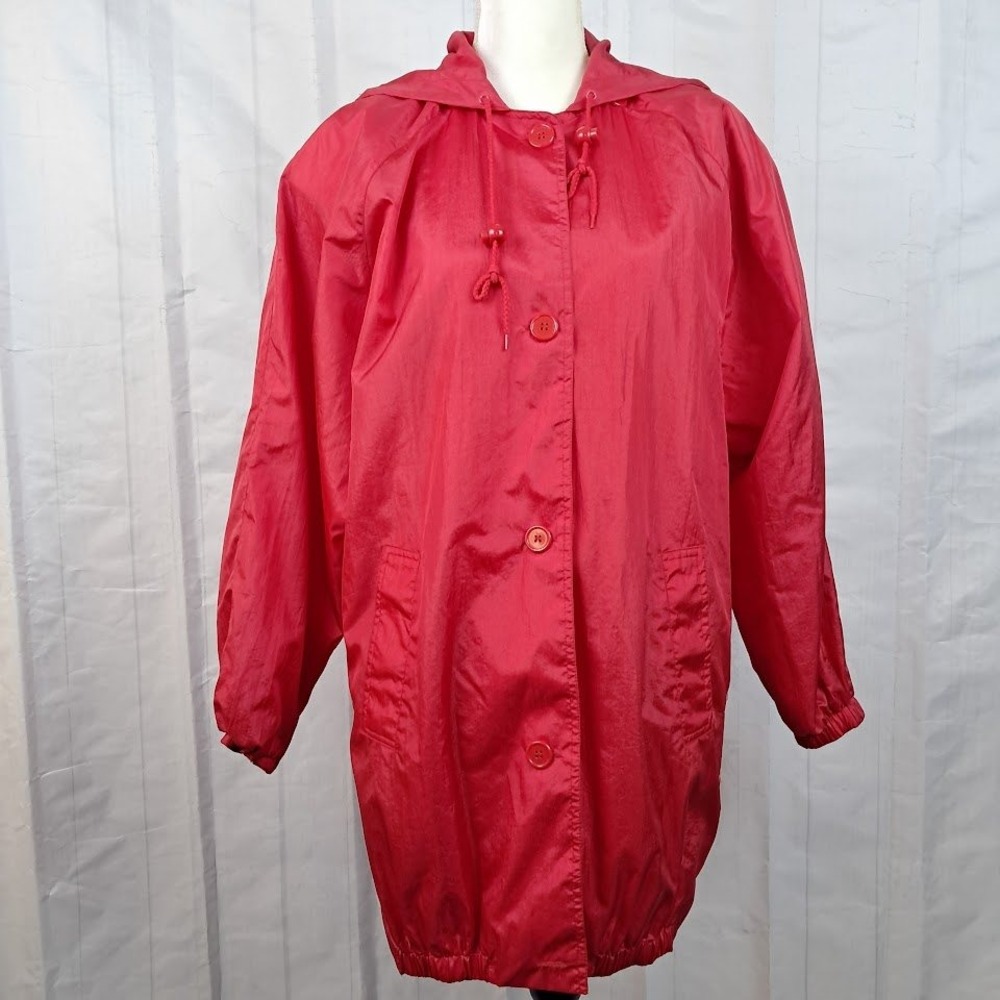 JANEVE S Vintage Red Nylon Hoodie Jacket Button Front Oversized Streetwear - Picture 3 of 7